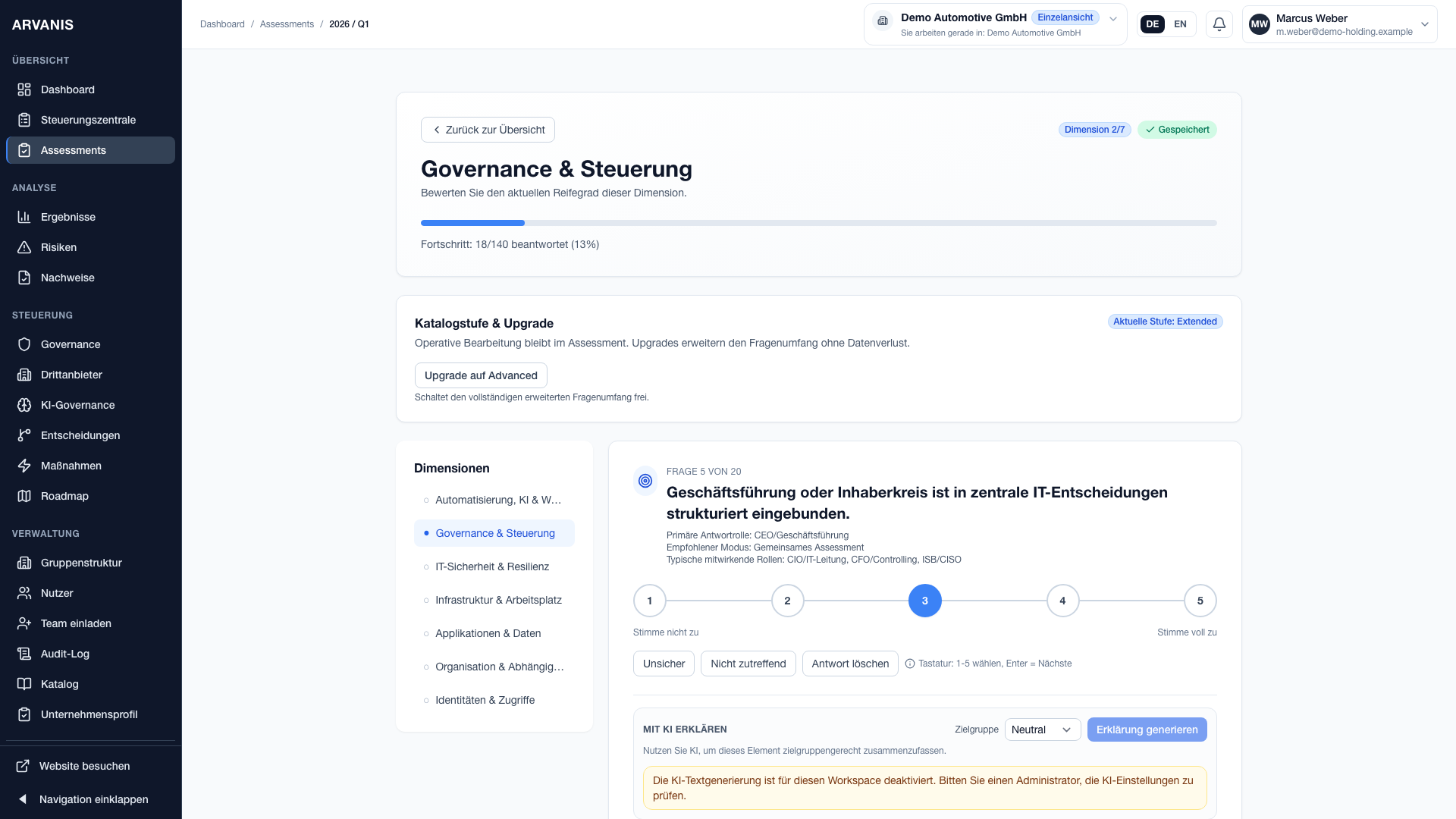 Assessment-Ansicht in ARVANIS