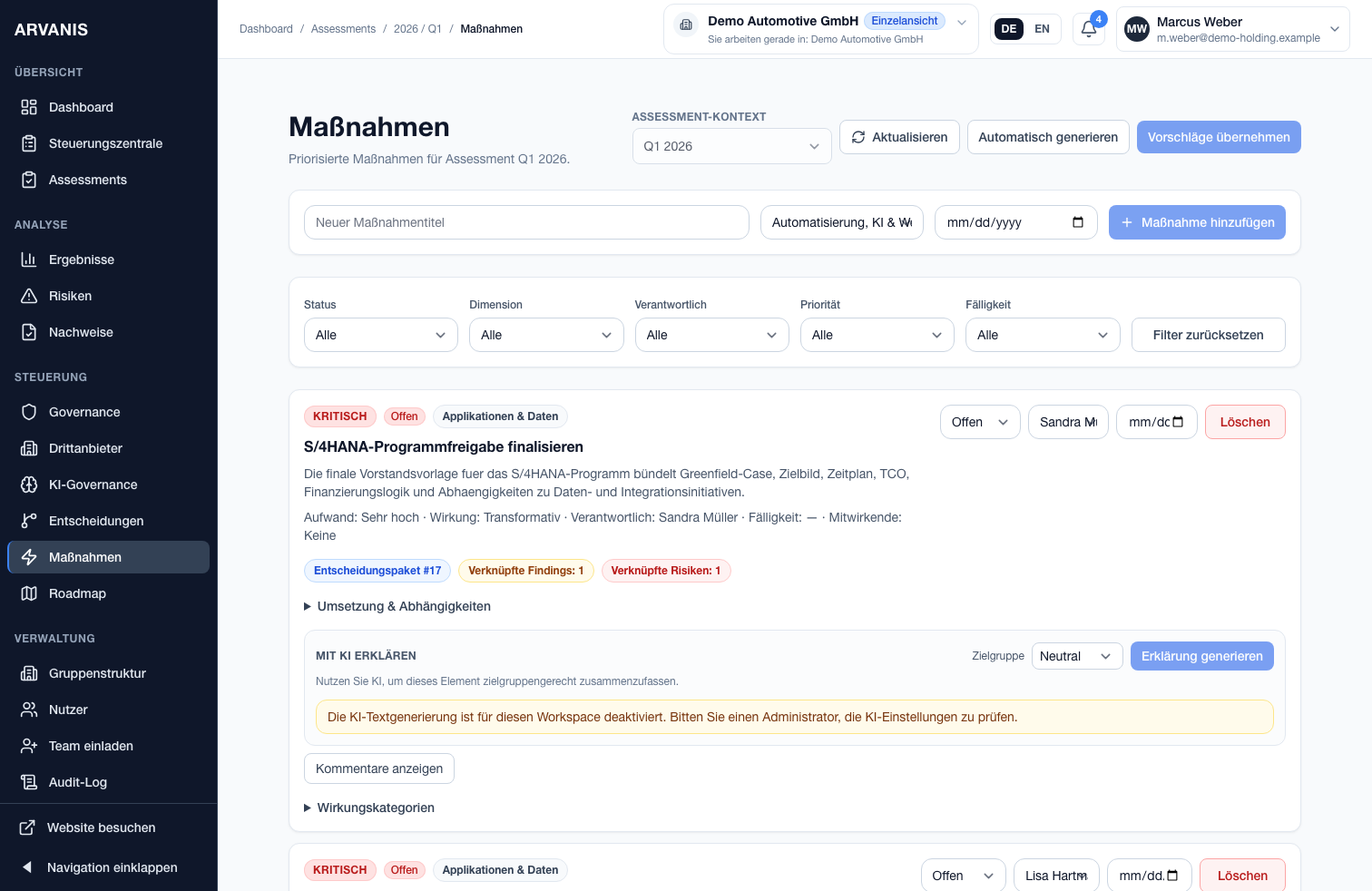 Maßnahmensteuerung in ARVANIS