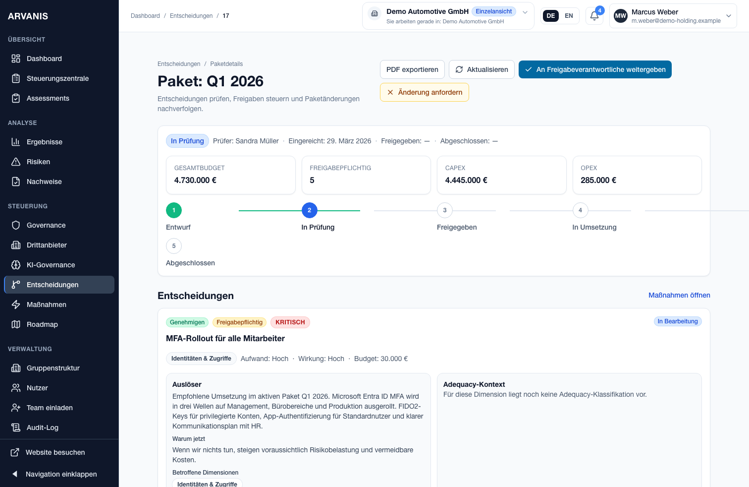 Ansicht Entscheidungspakete in ARVANIS