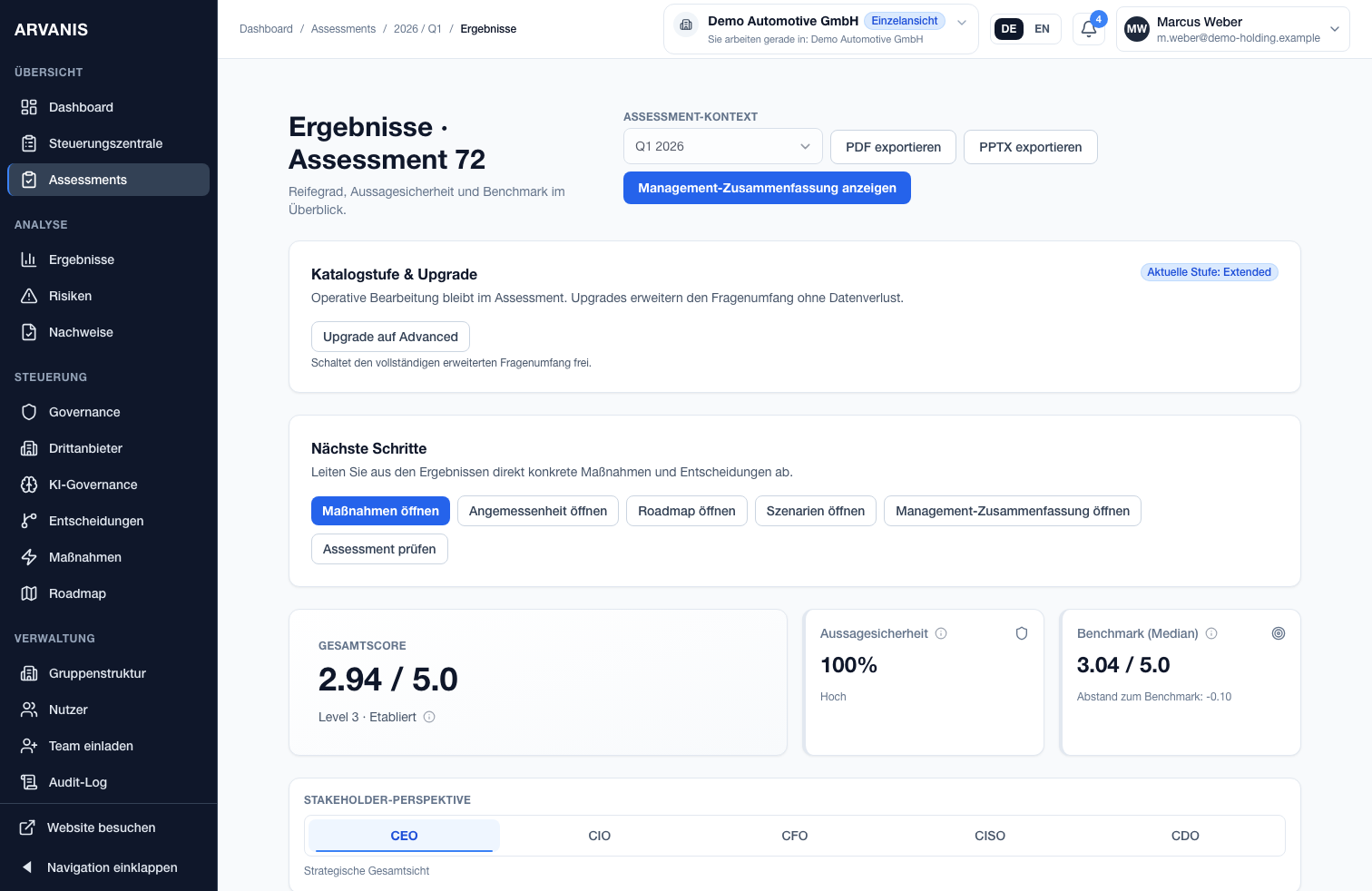 Ergebnisübersicht mit Bewertung und Prioritäten